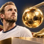 해리 케인을 형상화한 인물과 금빛 축구공·축구화의 AI 삽화